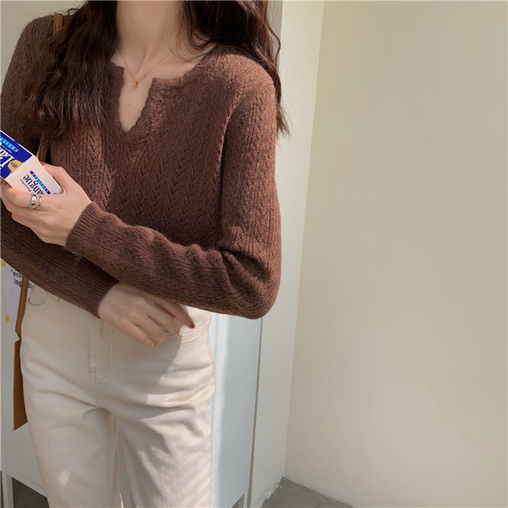 キーネック鍵編みニットトップス