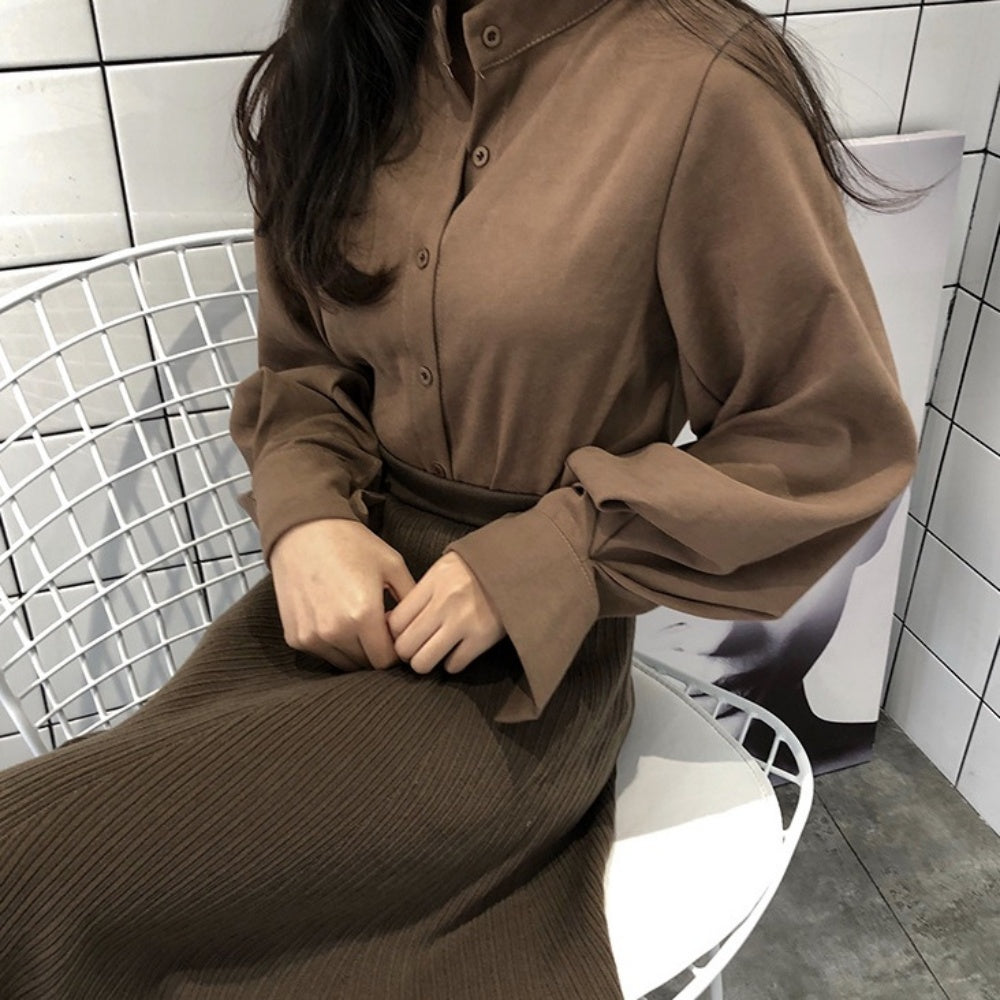 ランタンスリーブノーカラーブラウス