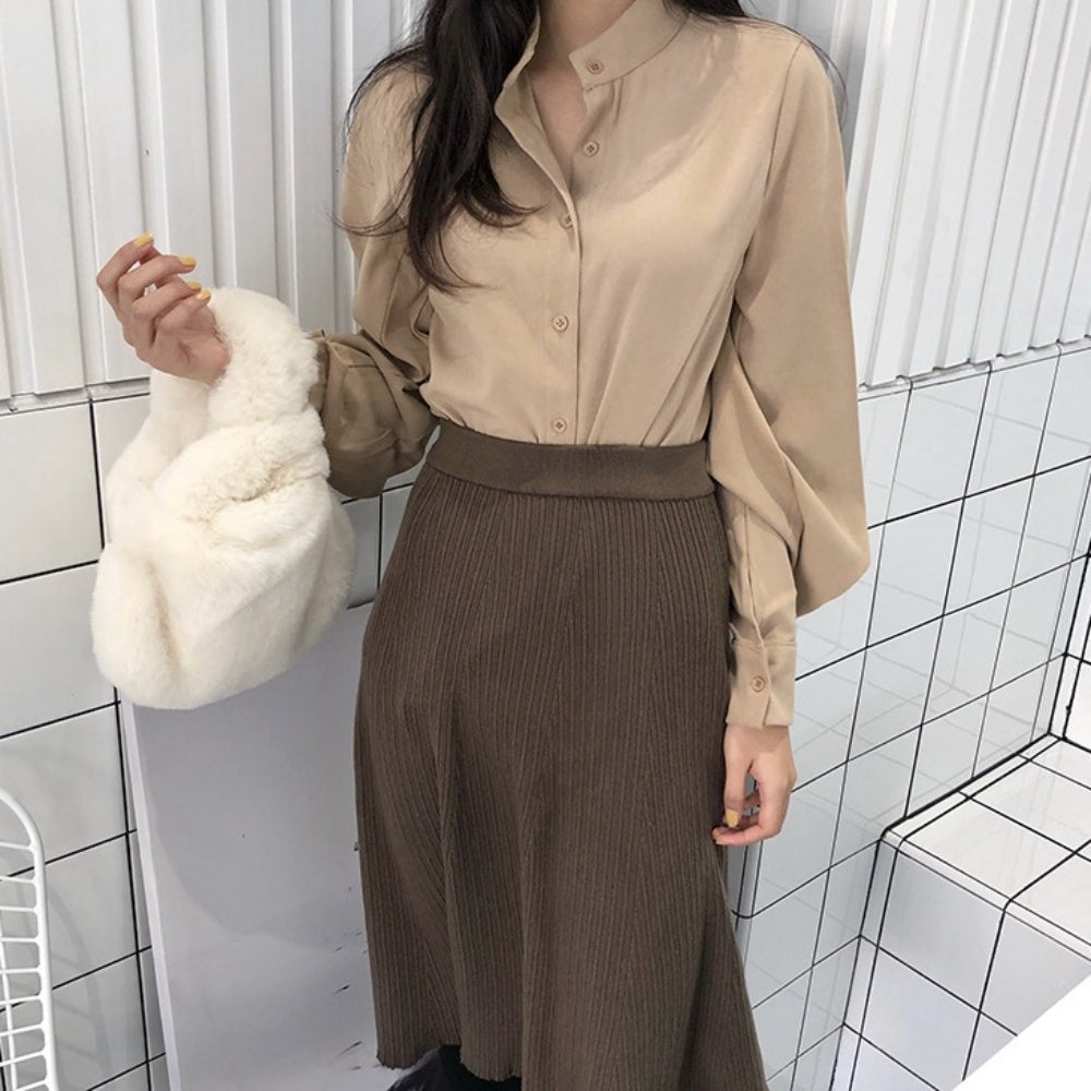 ランタンスリーブノーカラーブラウス