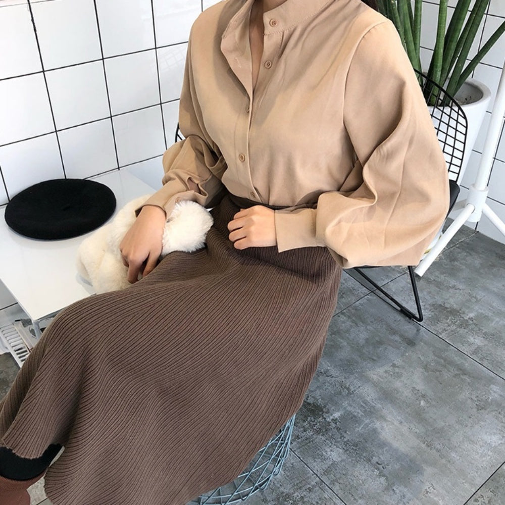 ランタンスリーブノーカラーブラウス