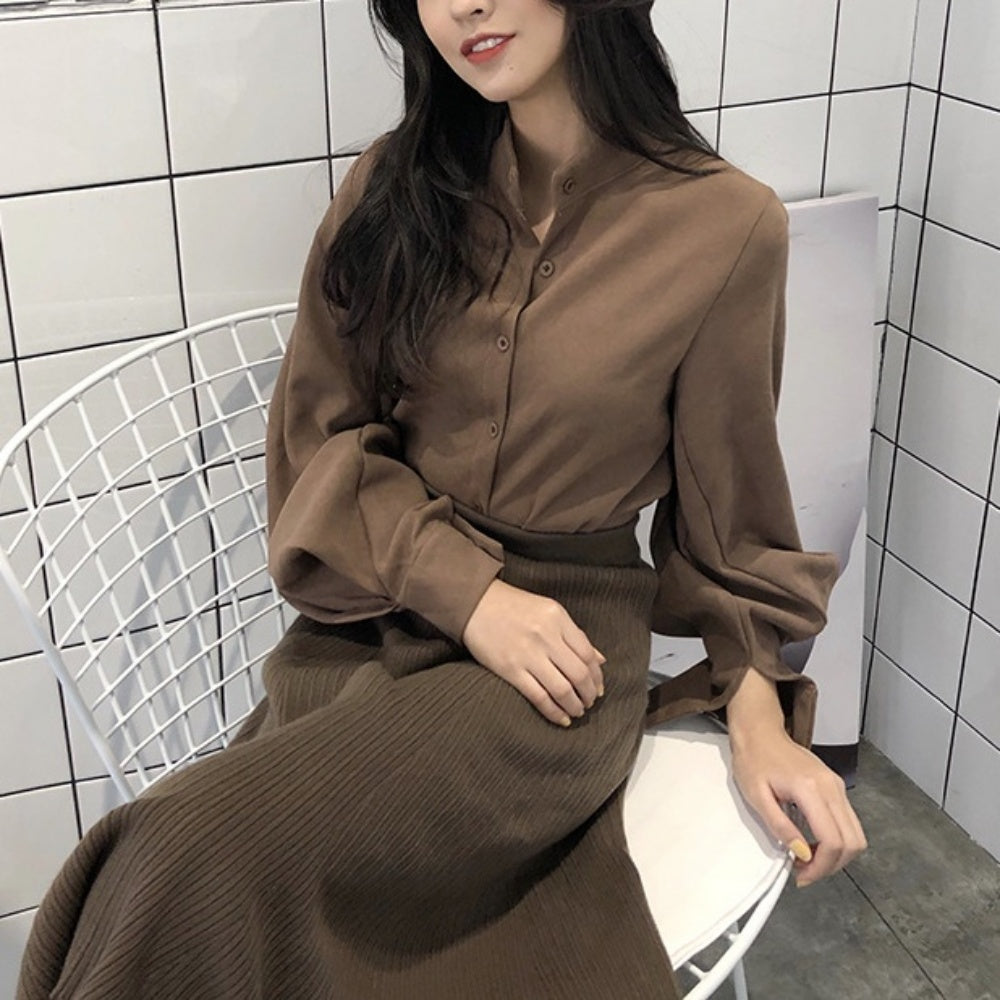 ランタンスリーブノーカラーブラウス