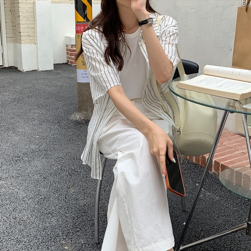 ハーフスリーブストライプオーバーシャツ