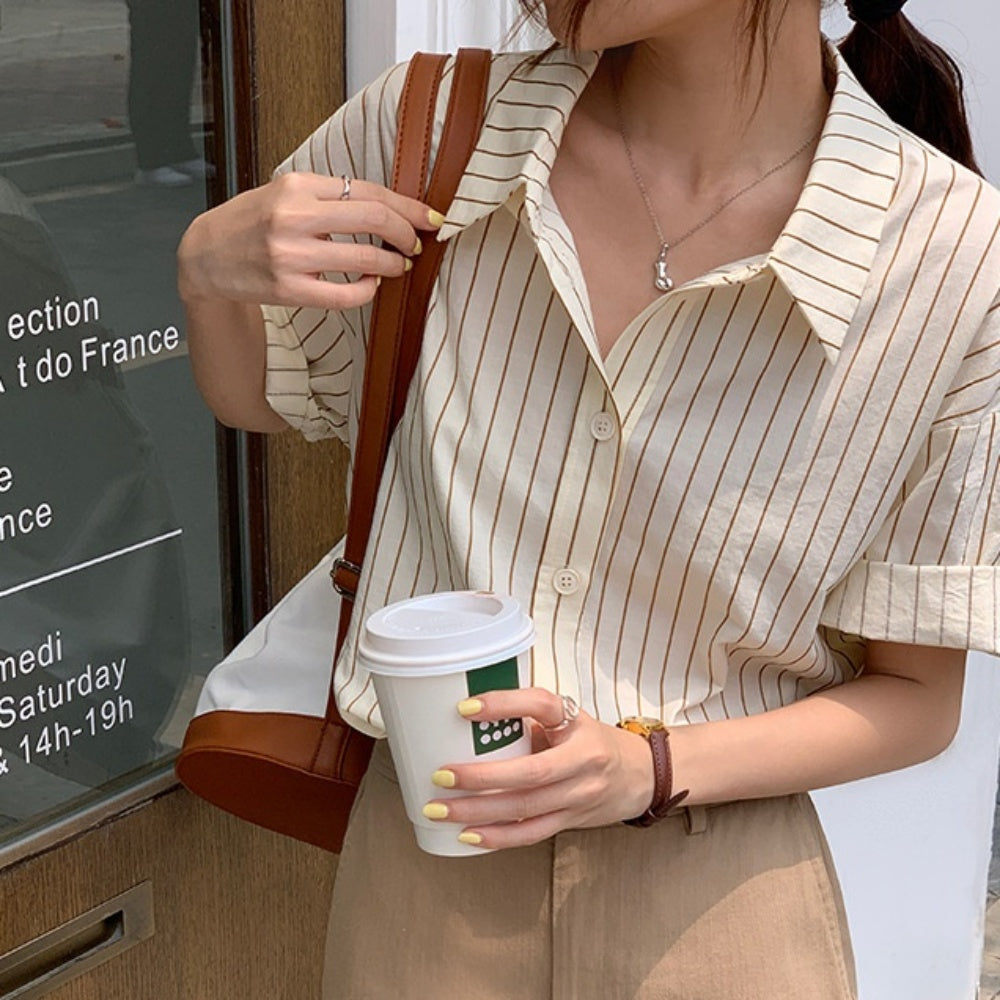 ハーフスリーブストライプオーバーシャツ