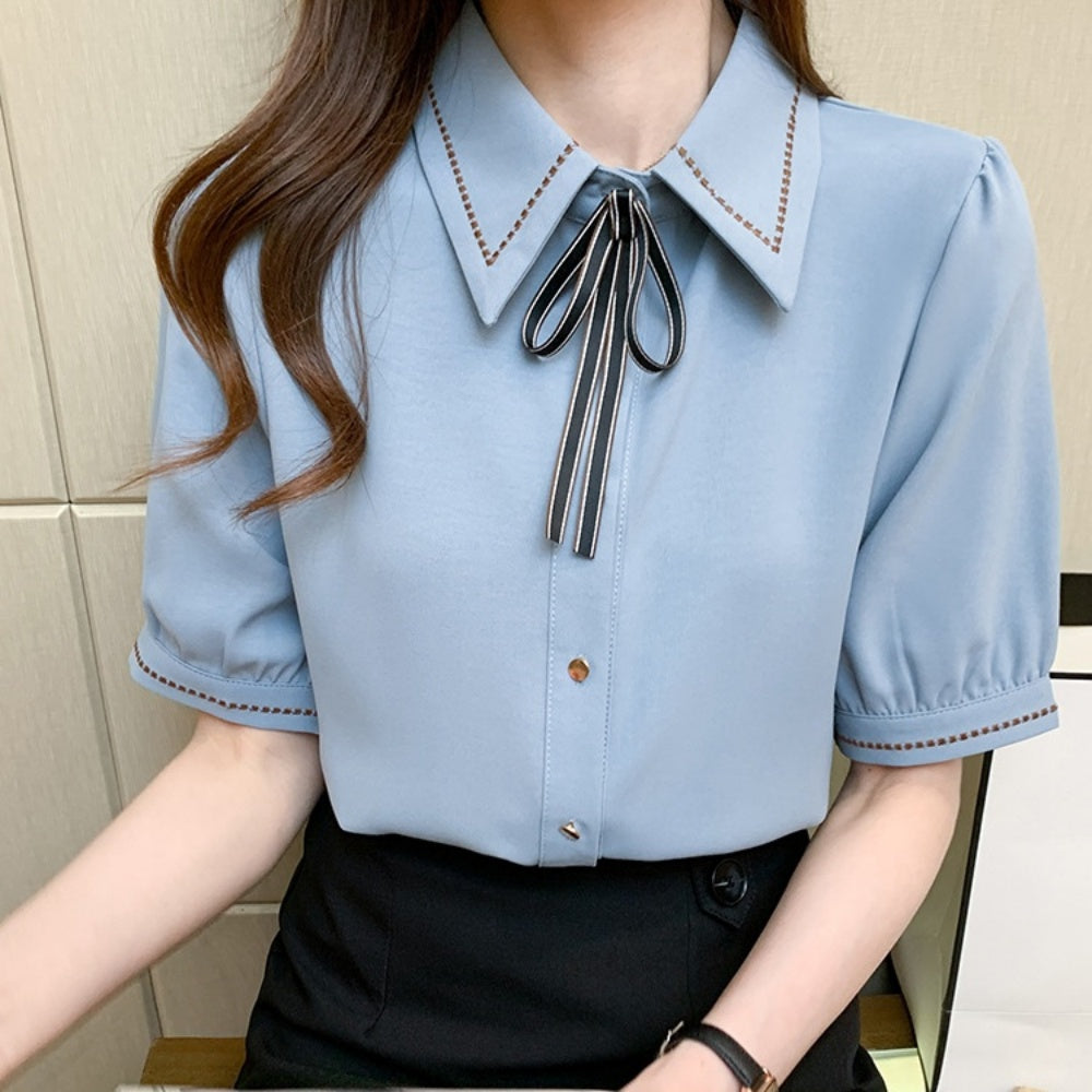 ハーフスリーブ刺繍リボンシャツ