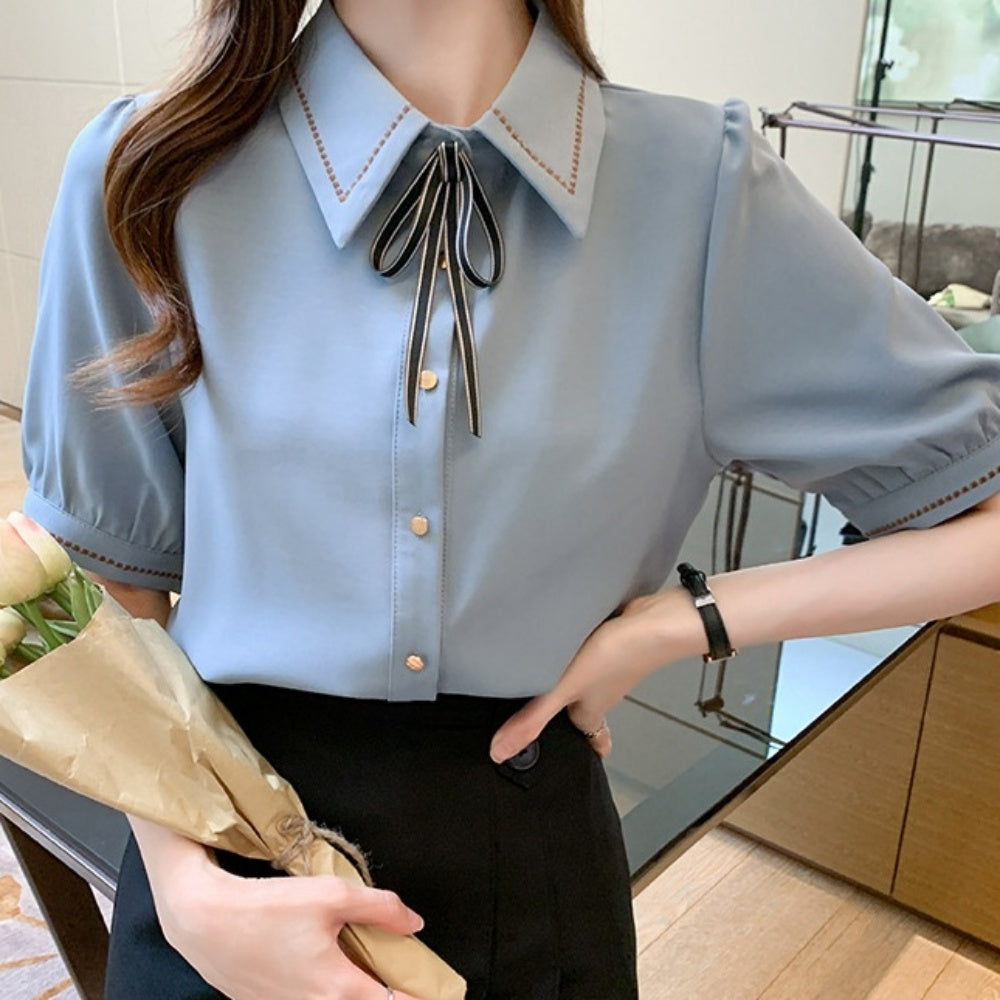 ハーフスリーブ刺繍リボンシャツ