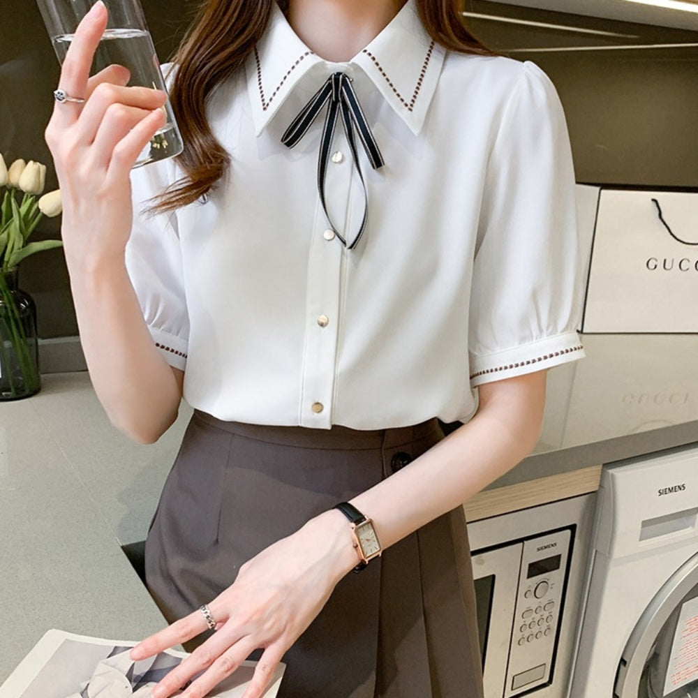 ハーフスリーブ刺繍リボンシャツ