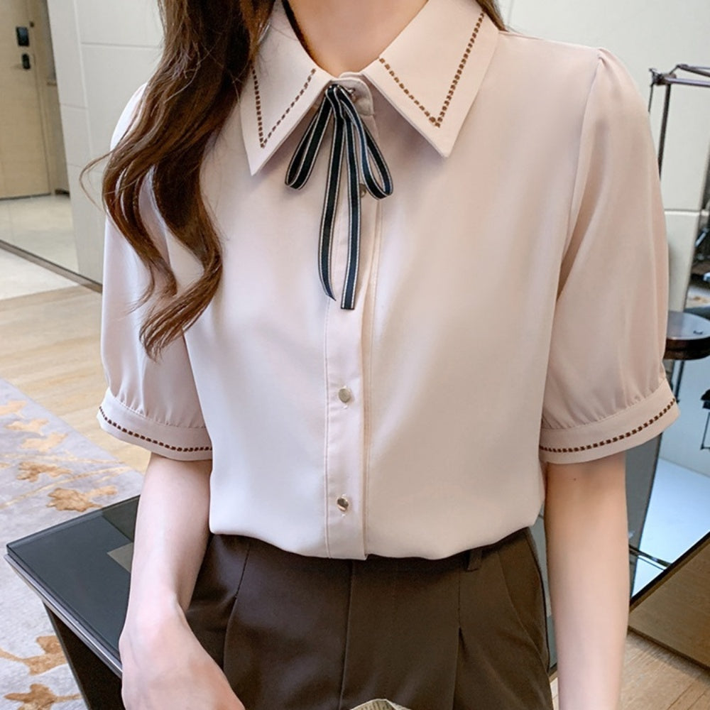ハーフスリーブ刺繍リボンシャツ