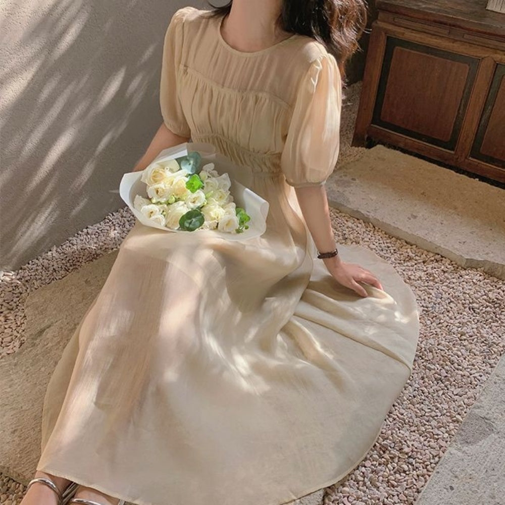 オフィスカジュアル 夏 バストギャザーシアーワンピース ミレジェネ