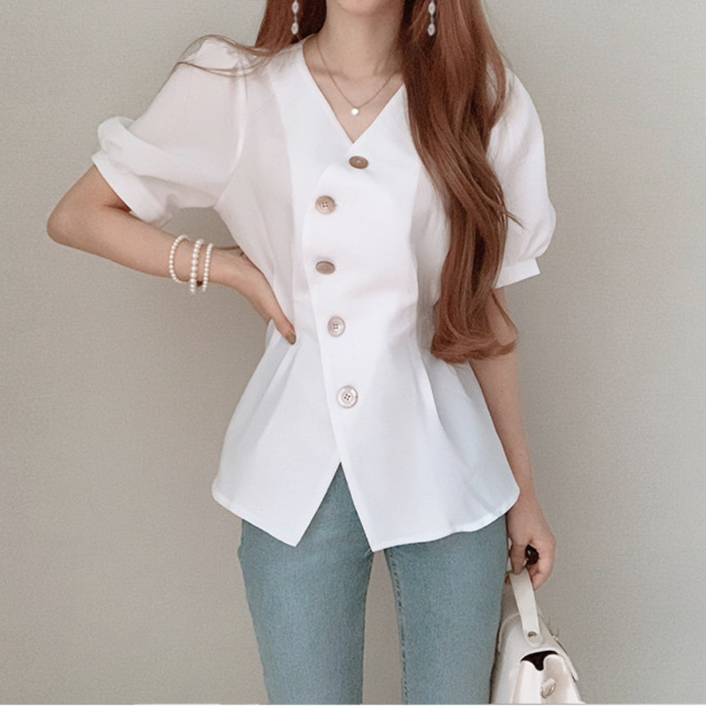 オフィスカジュアル 夏 Vネックペプラムトップス ミレジェネ