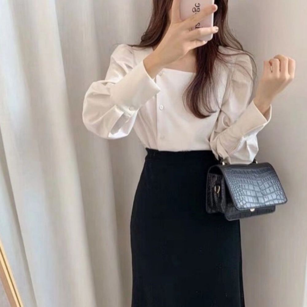 スクエアネックボタンデザインブラウス