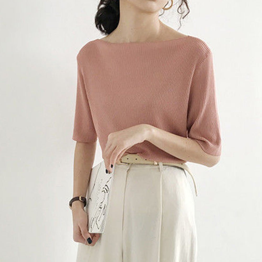 ボートネック5分袖リブカットソー|オフィスカジュアル レディース 通販【ミレジェネ】