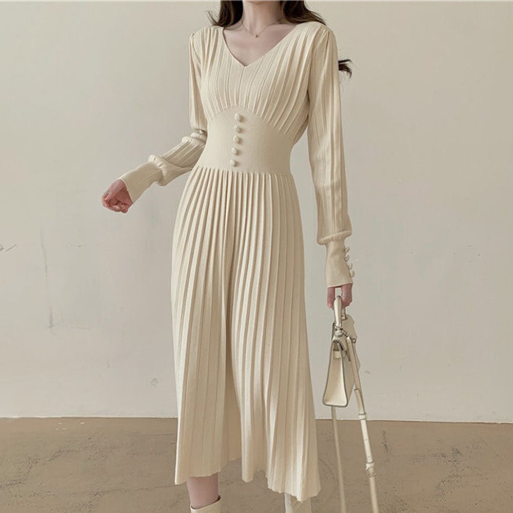 オフィスカジュアル 秋 プリーツAラインニットワンピース ミレジェネ