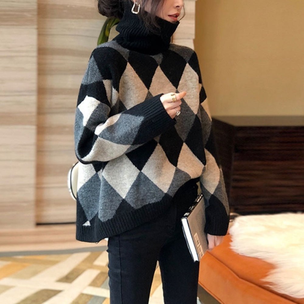 オフィスカジュアル 冬 ハイネックアーガイル柄ニット ミレジェネ