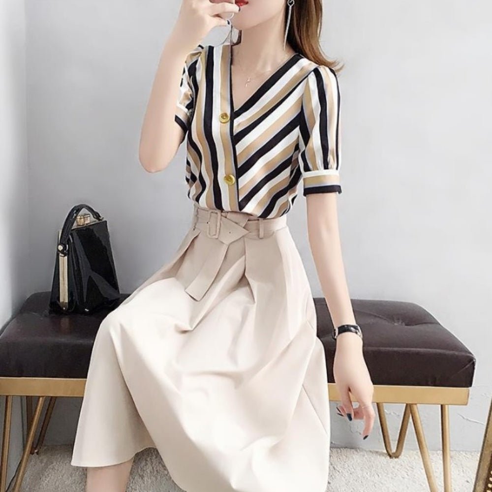 ストライプハイウエストスカートセットアップ|オフィスカジュアル レディース 通販【ミレジェネ】