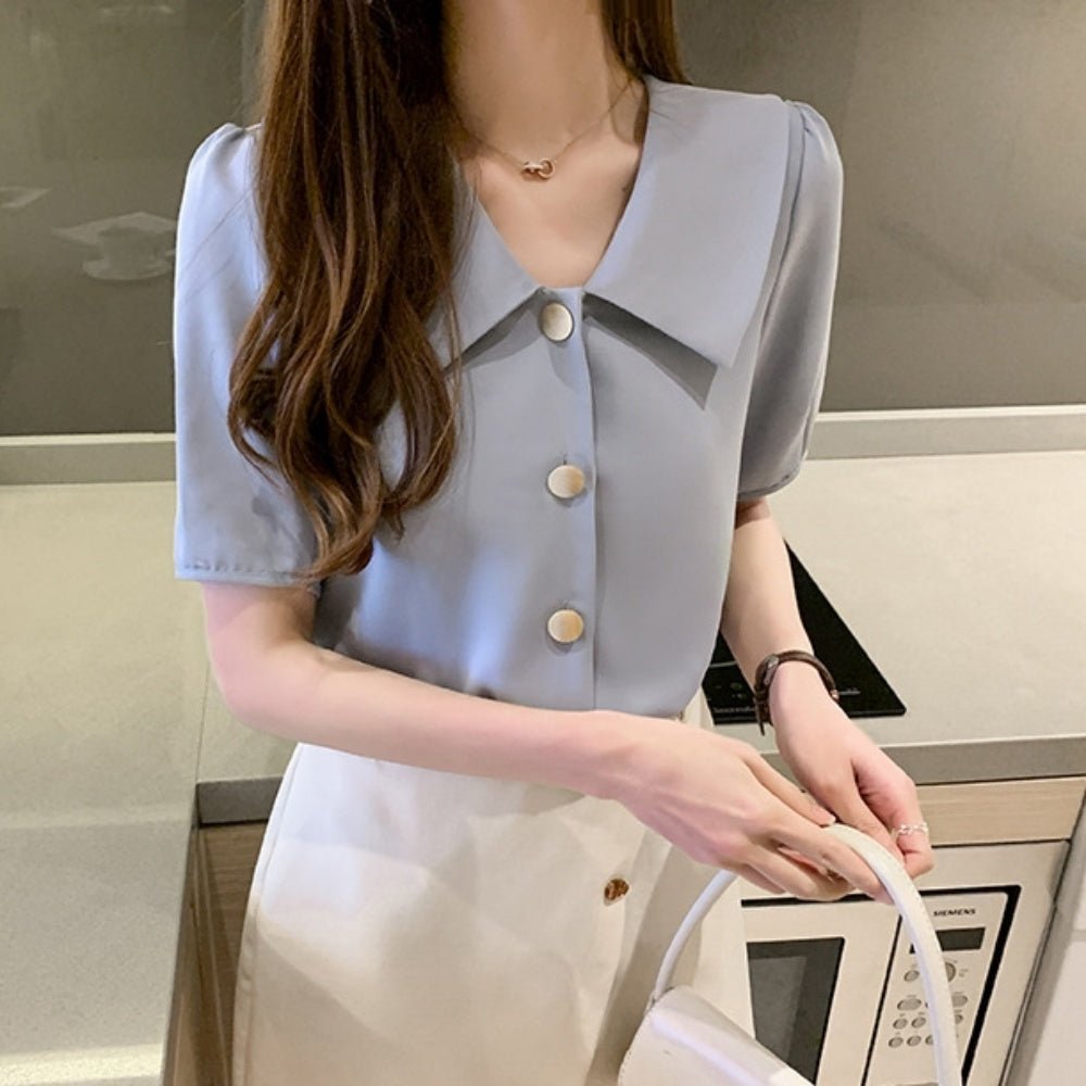 レトロ襟半袖シフォンブラウス