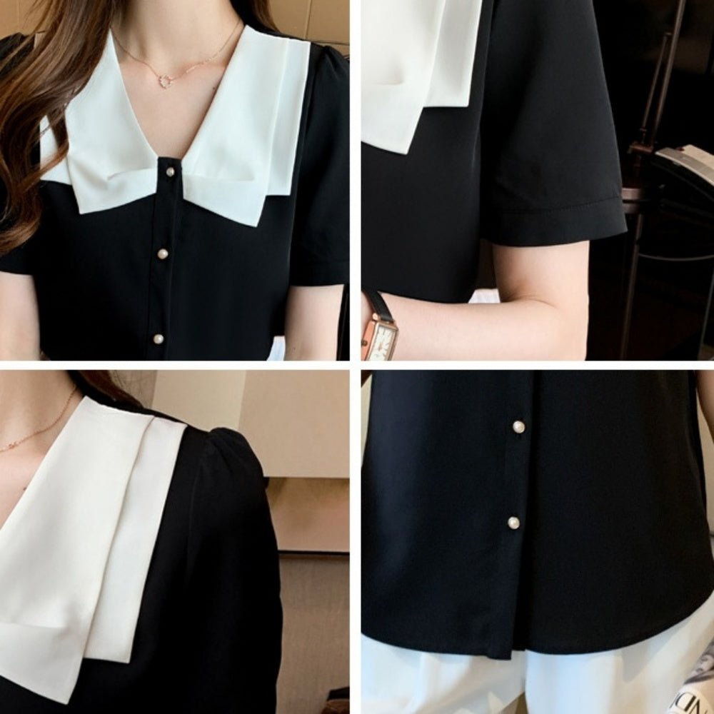 バイカラーパールボタンブラウス