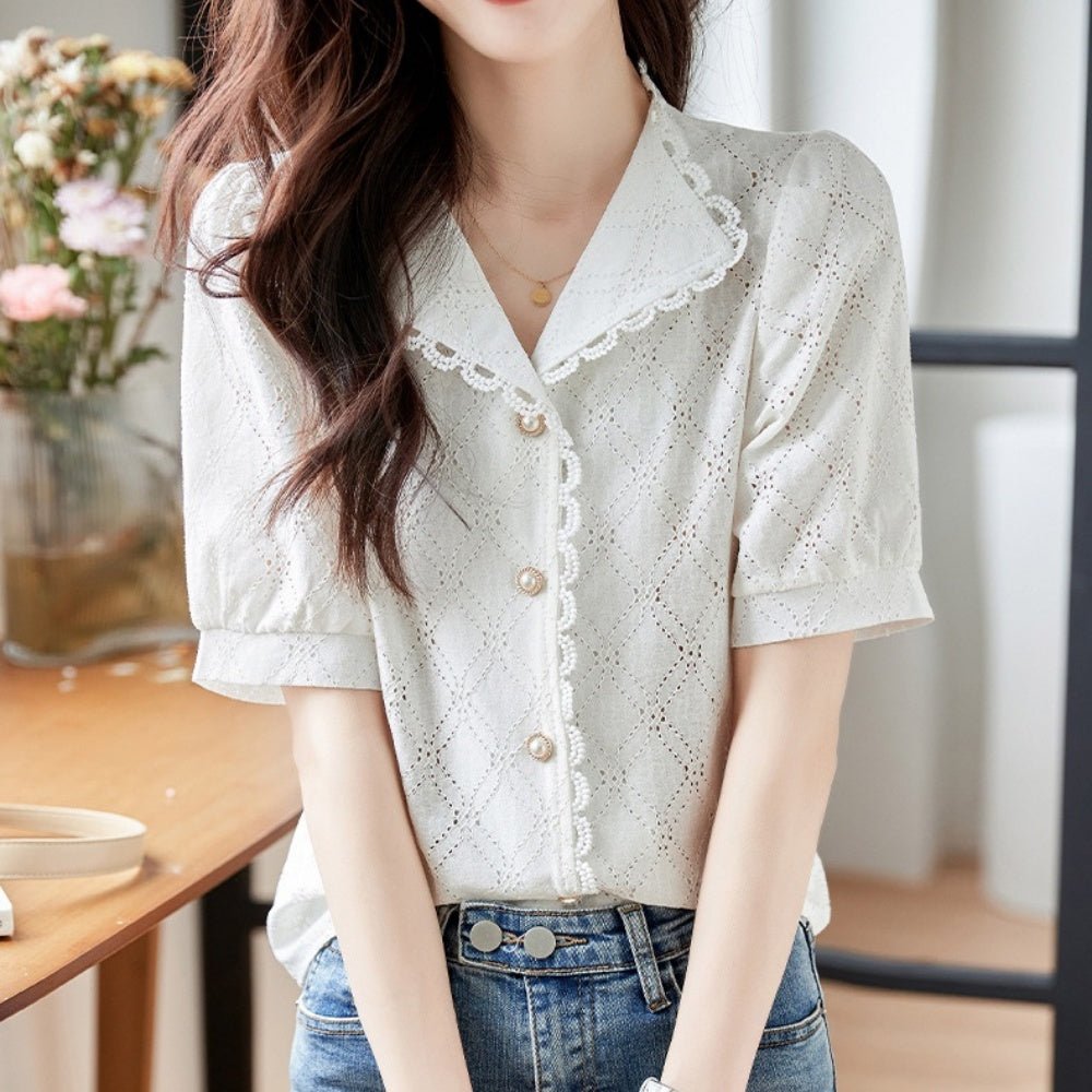 パールボタンレースブラウス|オフィスカジュアル レディース 通販【ミレジェネ】