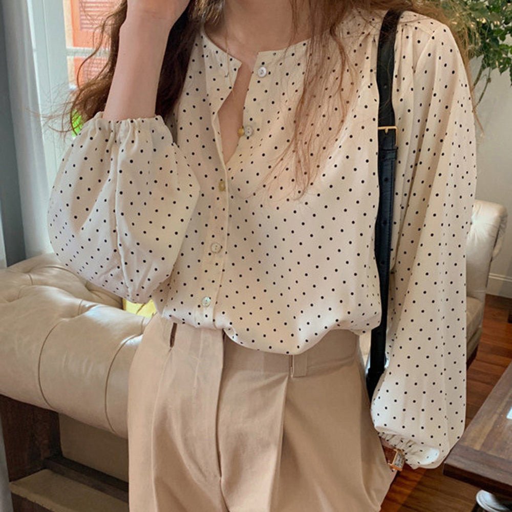 オフィスカジュアル 春 パフスリーブドットブラウス ミレジェネ