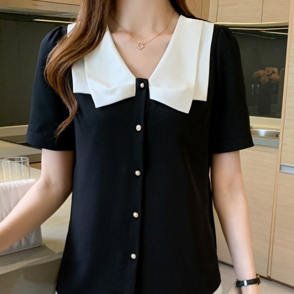 バイカラーパールボタンブラウス