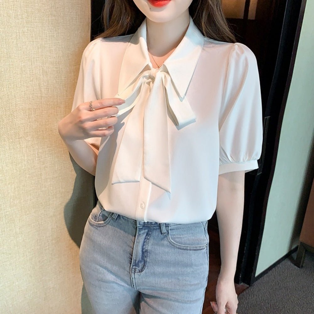 パフスリーブボウタイ襟付きブラウス|オフィスカジュアル レディース 通販【ミレジェネ】