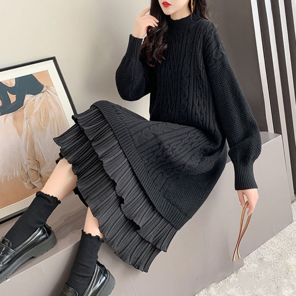 オフィスカジュアル 冬 裾フリルロングニットワンピース ミレジェネ