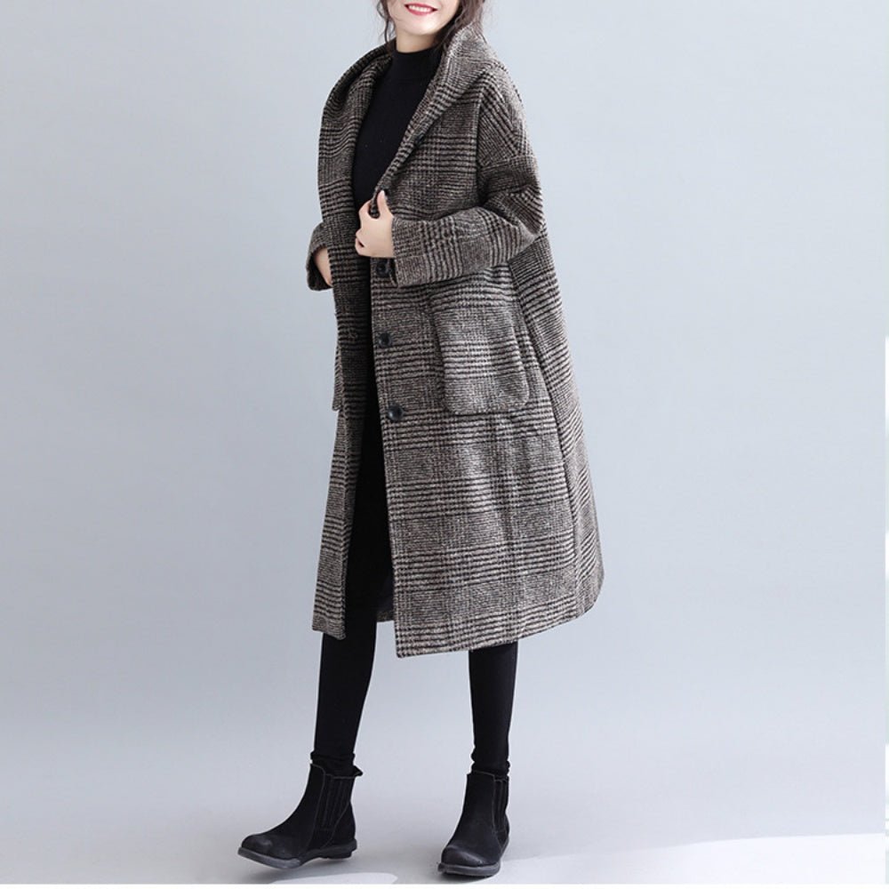 グレンチェックフード付きチェスターロングコート - Millennial Generation