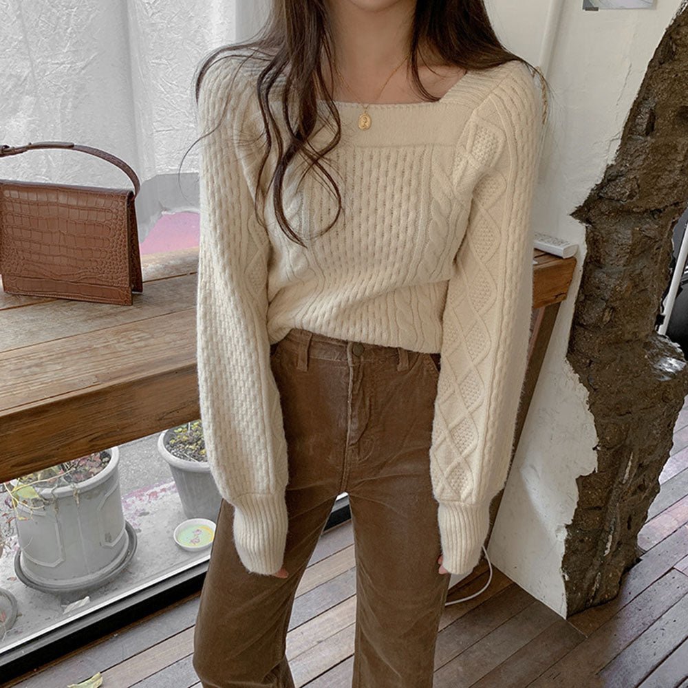 オフィスカジュアル 冬 スクエアネックケーブルニット ミレジェネ