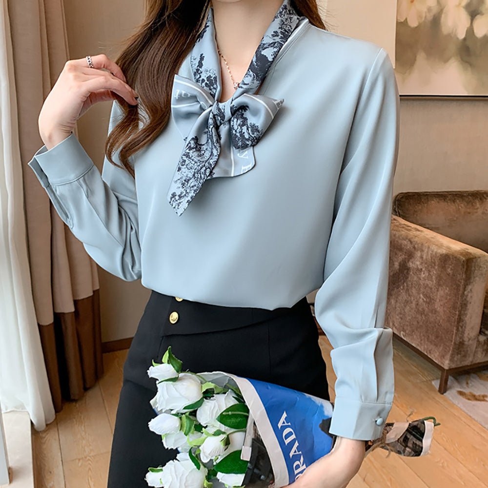オフィスカジュアル 秋 スカーフ付きエレガントトップス ミレジェネ