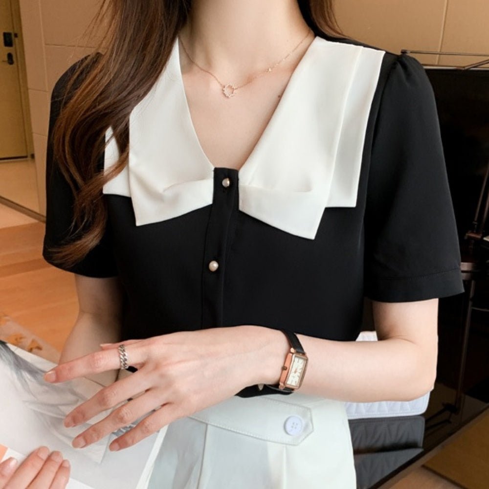 バイカラーパールボタンブラウス