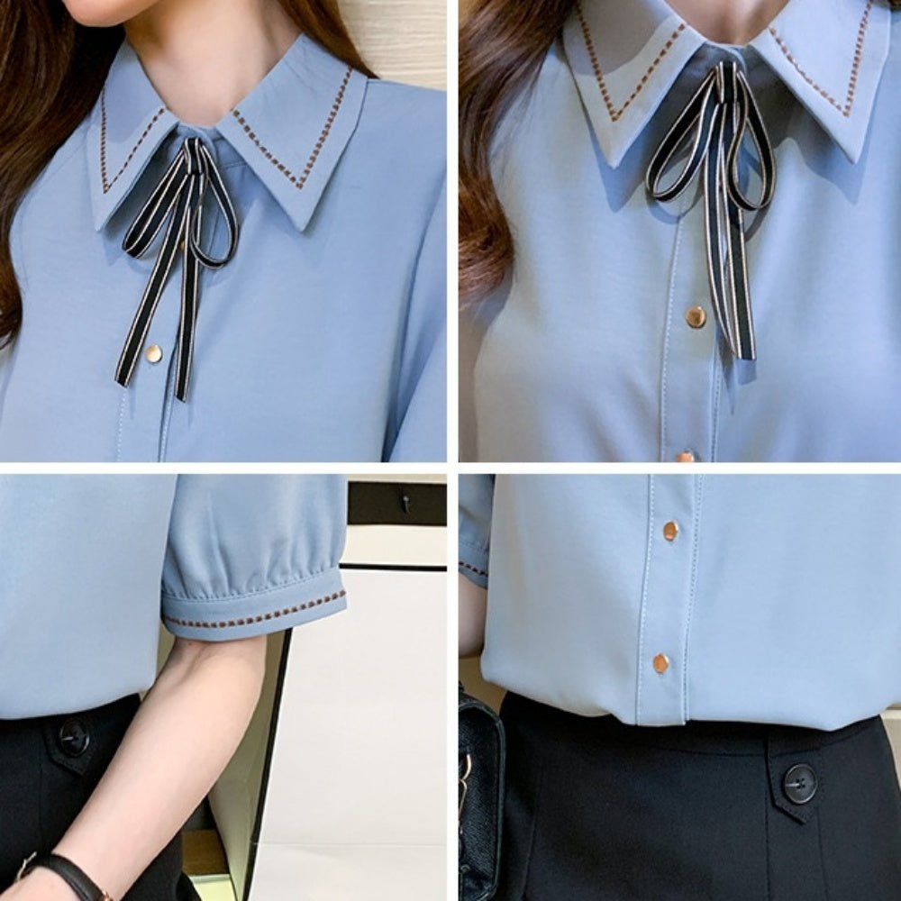 <即納>ハーフスリーブ刺繍リボンブラウス|オフィスカジュアル レディース 通販【ミレジェネ】