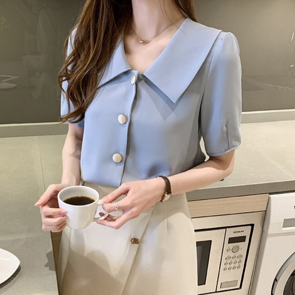 レトロ襟半袖シフォンブラウス