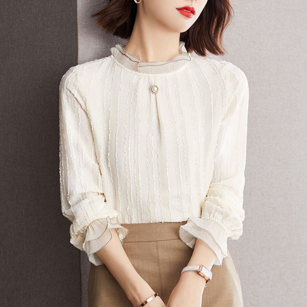 オフィスカジュアル 秋 上品シフォンレースシャツ ミレジェネ