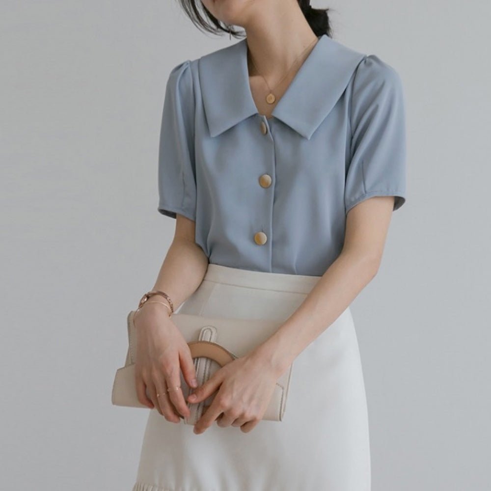 レトロ襟半袖シフォンブラウス