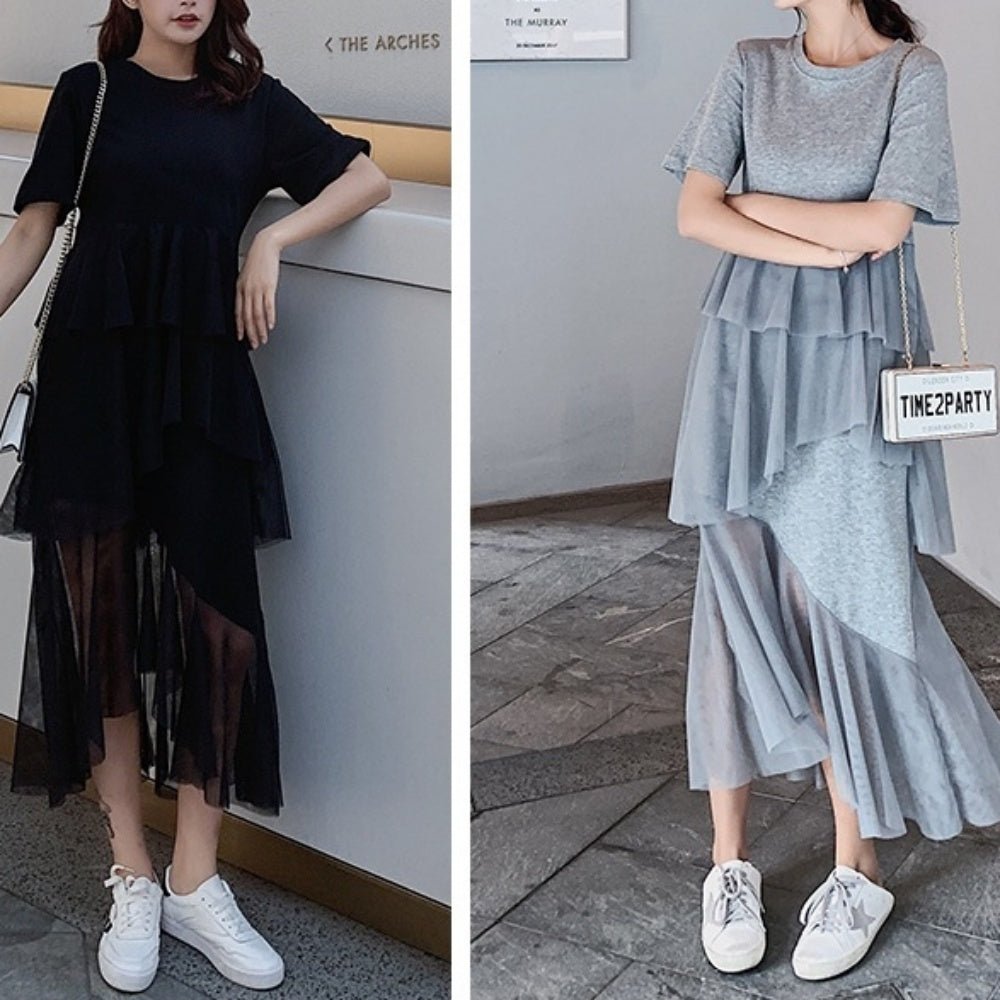 裾シースルードレープ半袖ワンピース - Millennial Generation