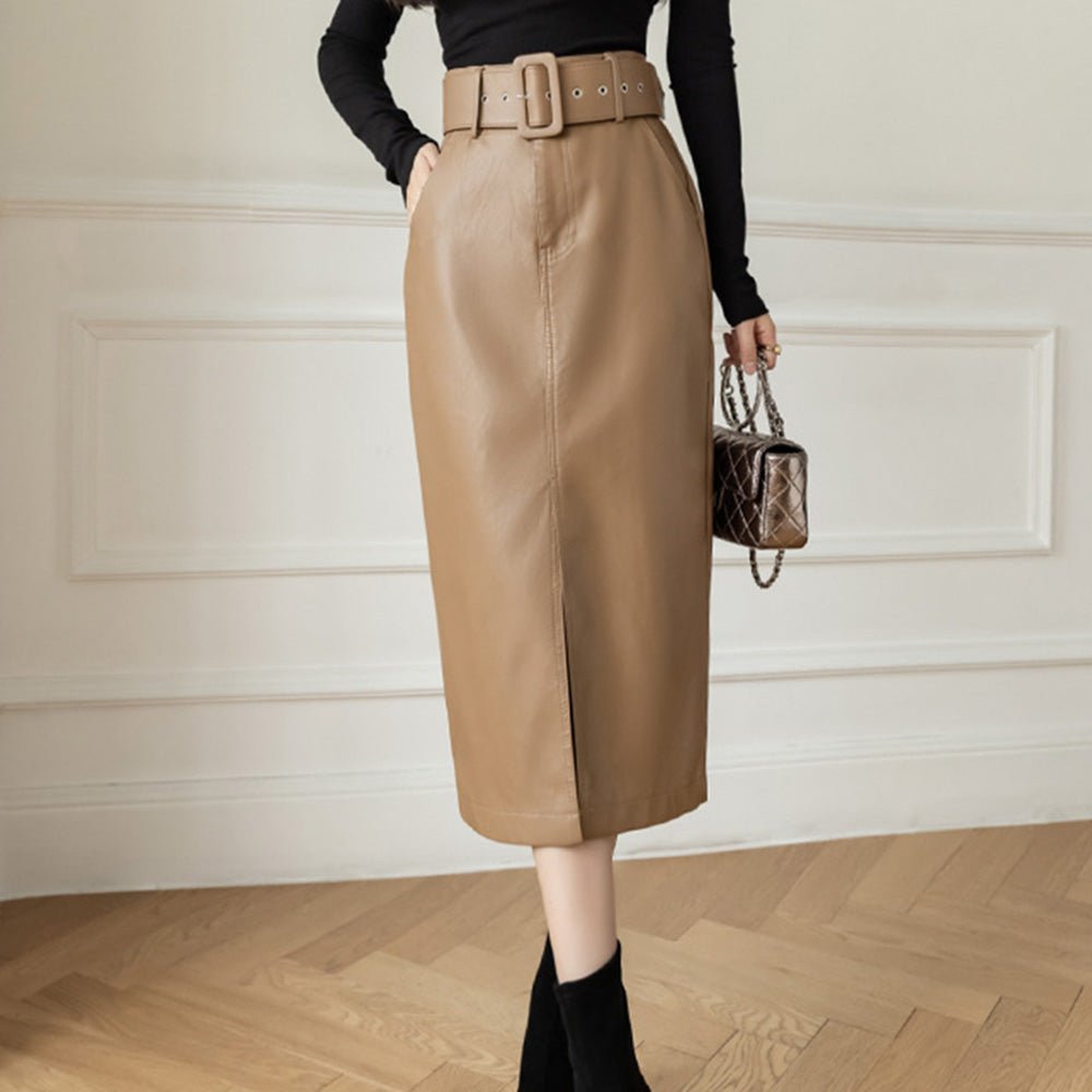 ハイウエストレザーフロントスリットミドルスカート|オフィスカジュアル レディース 通販【ミレジェネ】