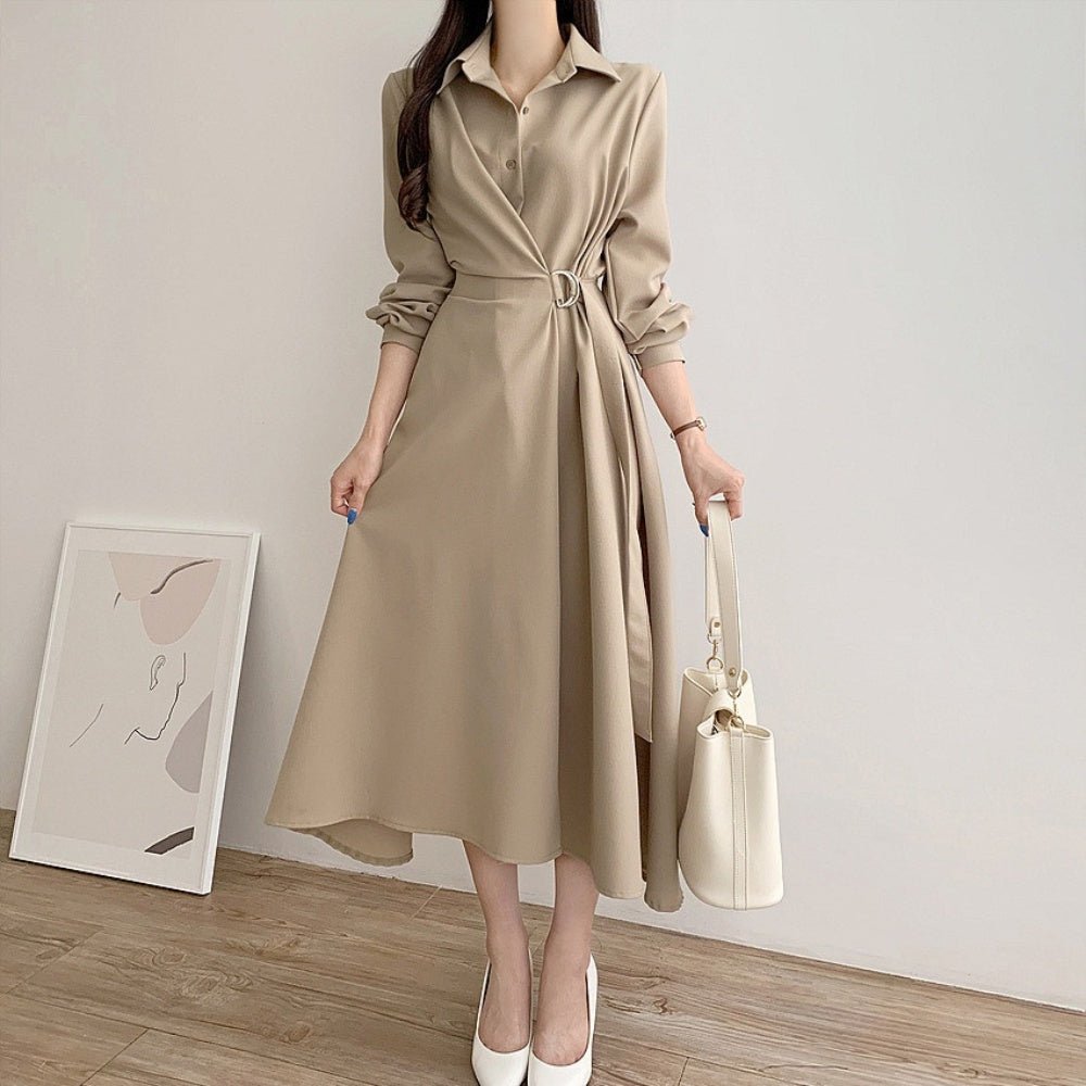襟付きウエストベルトフレアワンピース|オフィスカジュアル レディース 通販【ミレジェネ】