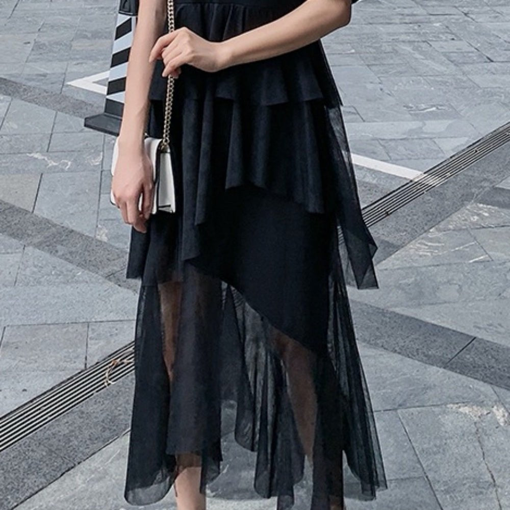 裾シースルードレープ半袖ワンピース - Millennial Generation