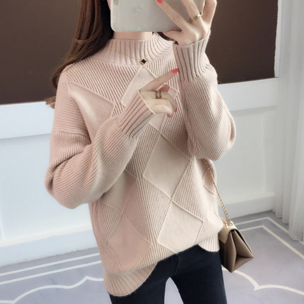 オフィスカジュアル 冬 アーガイルハーフネックニット ミレジェネ