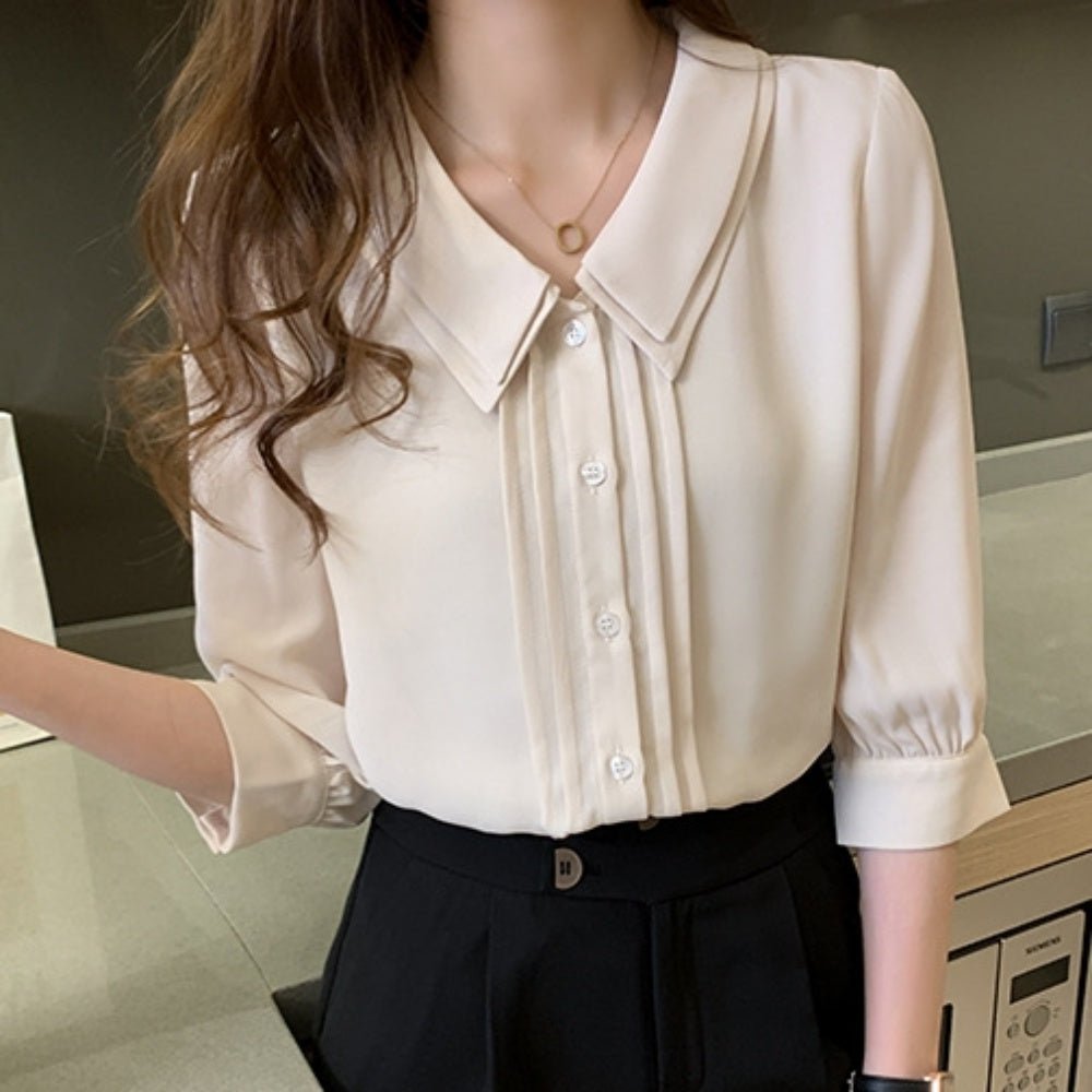 <即納>ハーフスリーブダブルカラーブラウス|オフィスカジュアル レディース 通販 Millennial Generation【ミレジェネ】