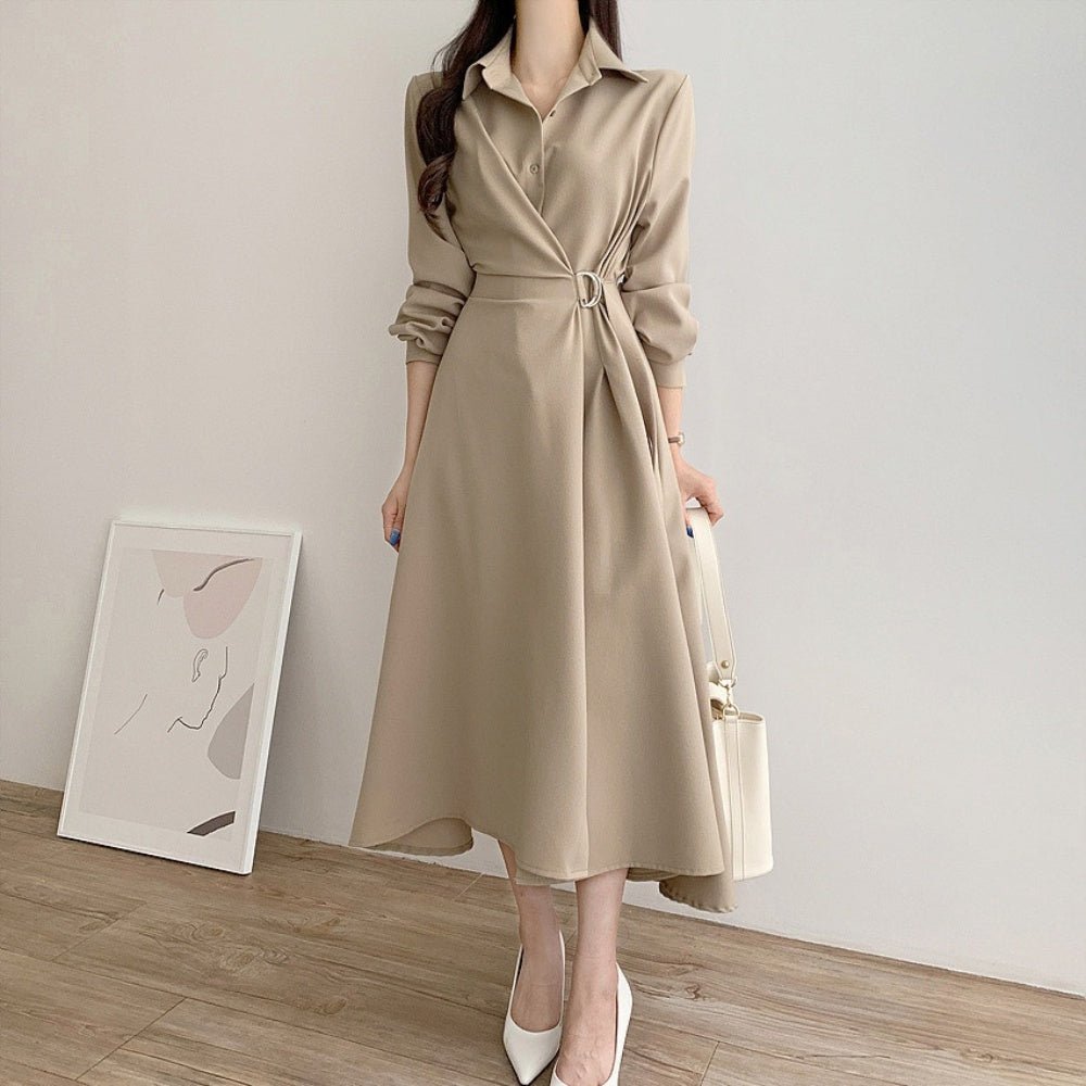 襟付きウエストベルトフレアワンピース|オフィスカジュアル レディース 通販【ミレジェネ】