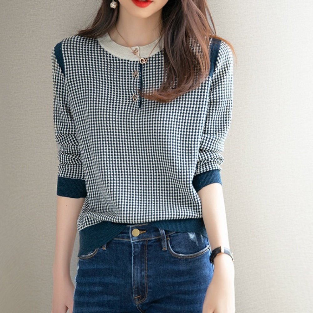 オフィスカジュアル 冬 フロントボタンチェック柄プルオーバー ミレジェネ