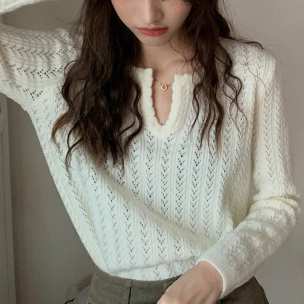 オフィスカジュアル 春 キーネック鍵編みニットトップス ミレジェネ