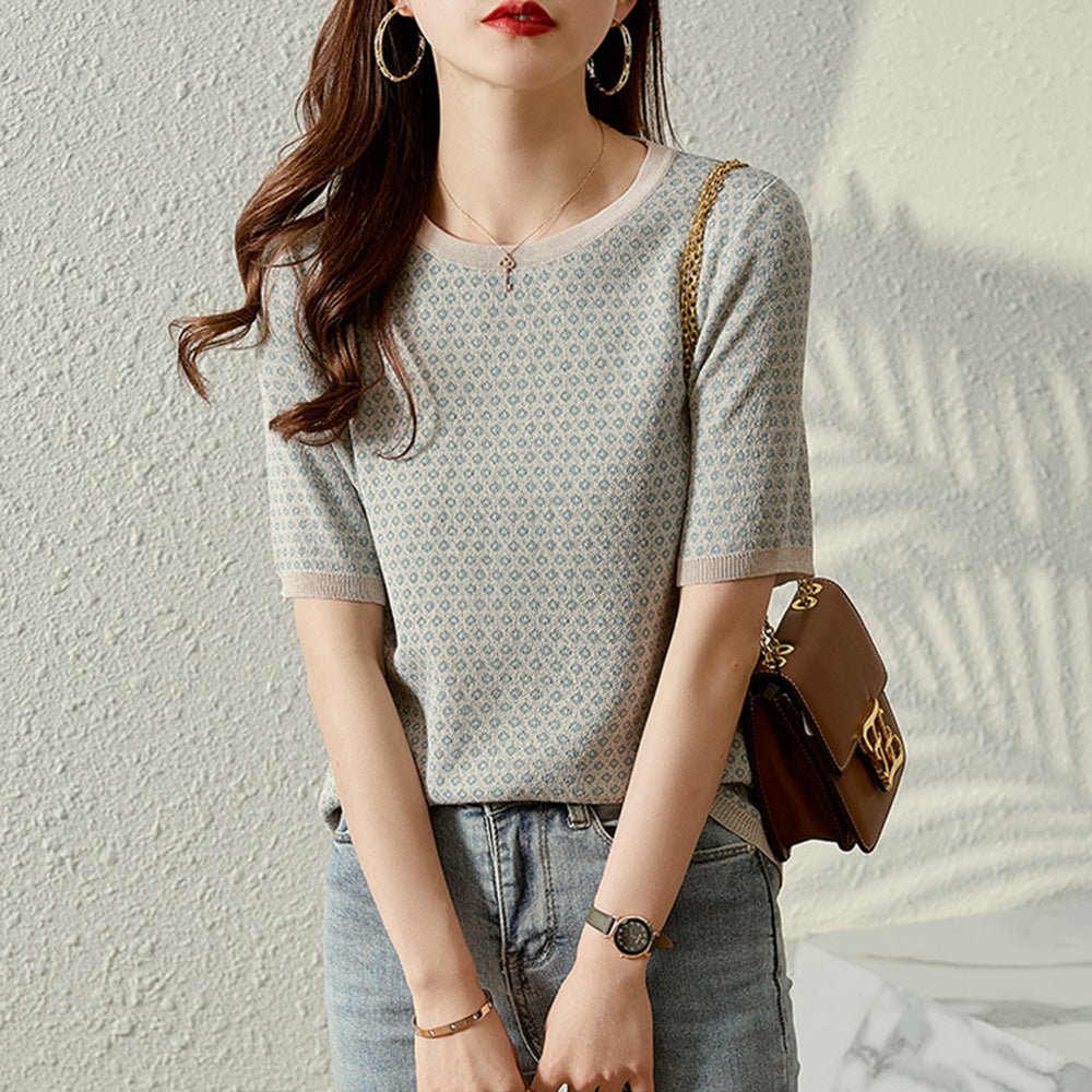 クルーネック総柄サマーニットトップス|オフィスカジュアル レディース 通販【ミレジェネ】