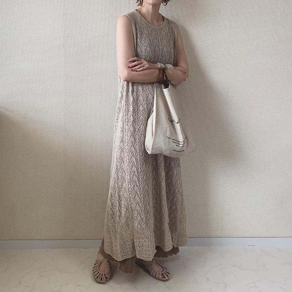 鍵編みバックオープンロングトップス