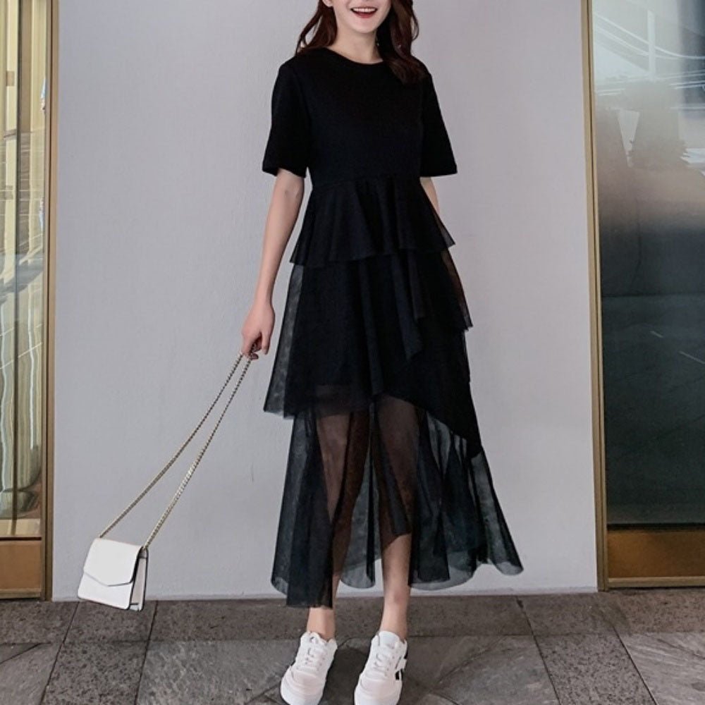 裾シースルードレープ半袖ワンピース - Millennial Generation