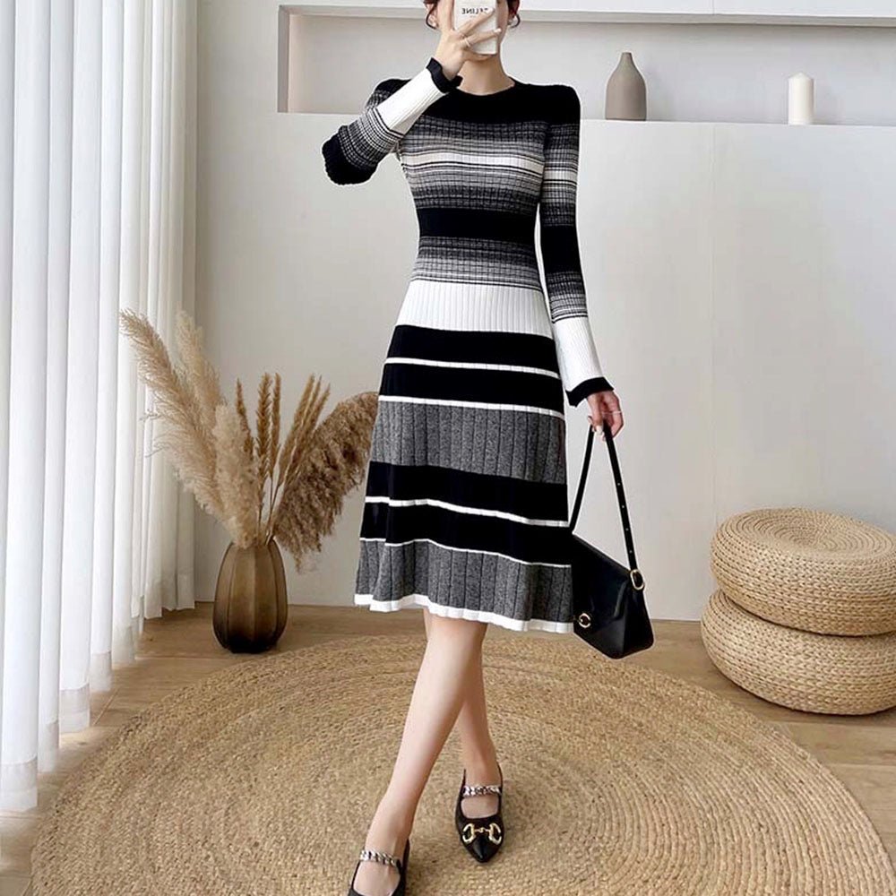 オフィスカジュアル 冬 ランダムボーダーニットワンピ ミレジェネ