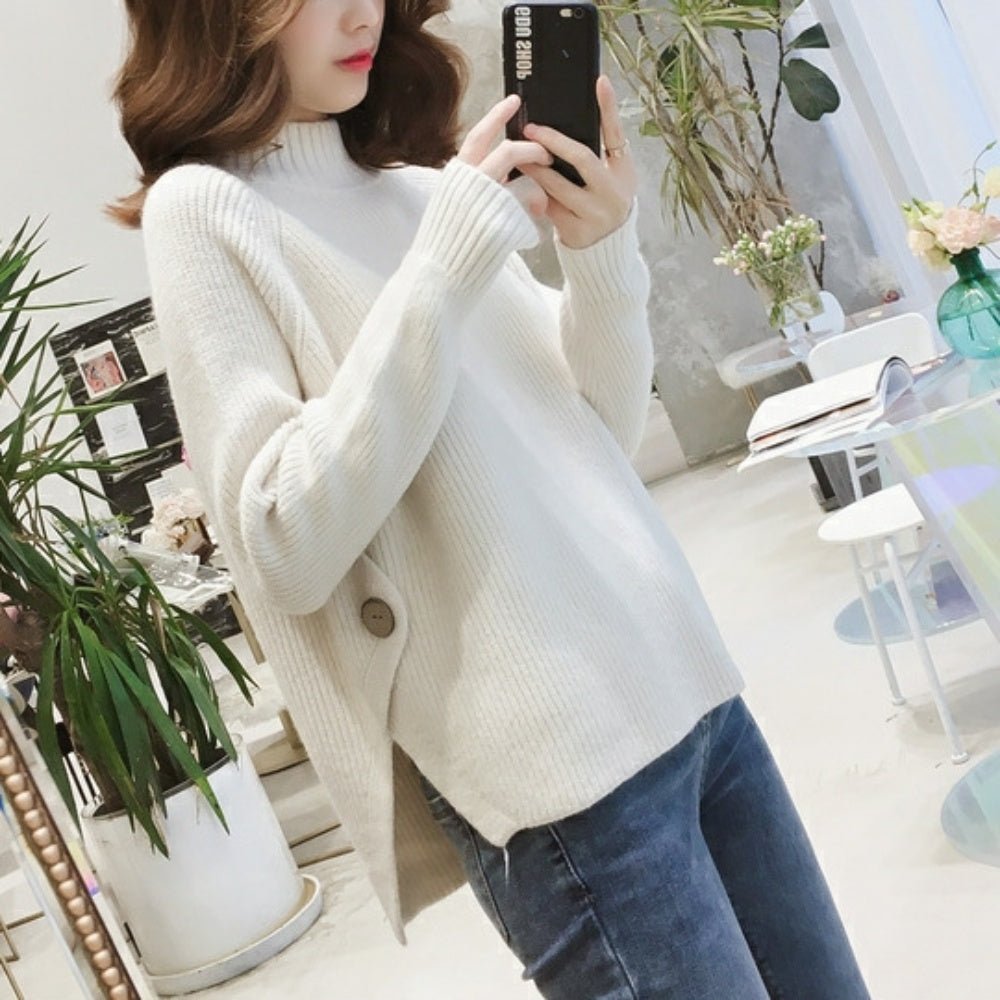 オフィスカジュアル 冬 サイドスリットボタンニット ミレジェネ