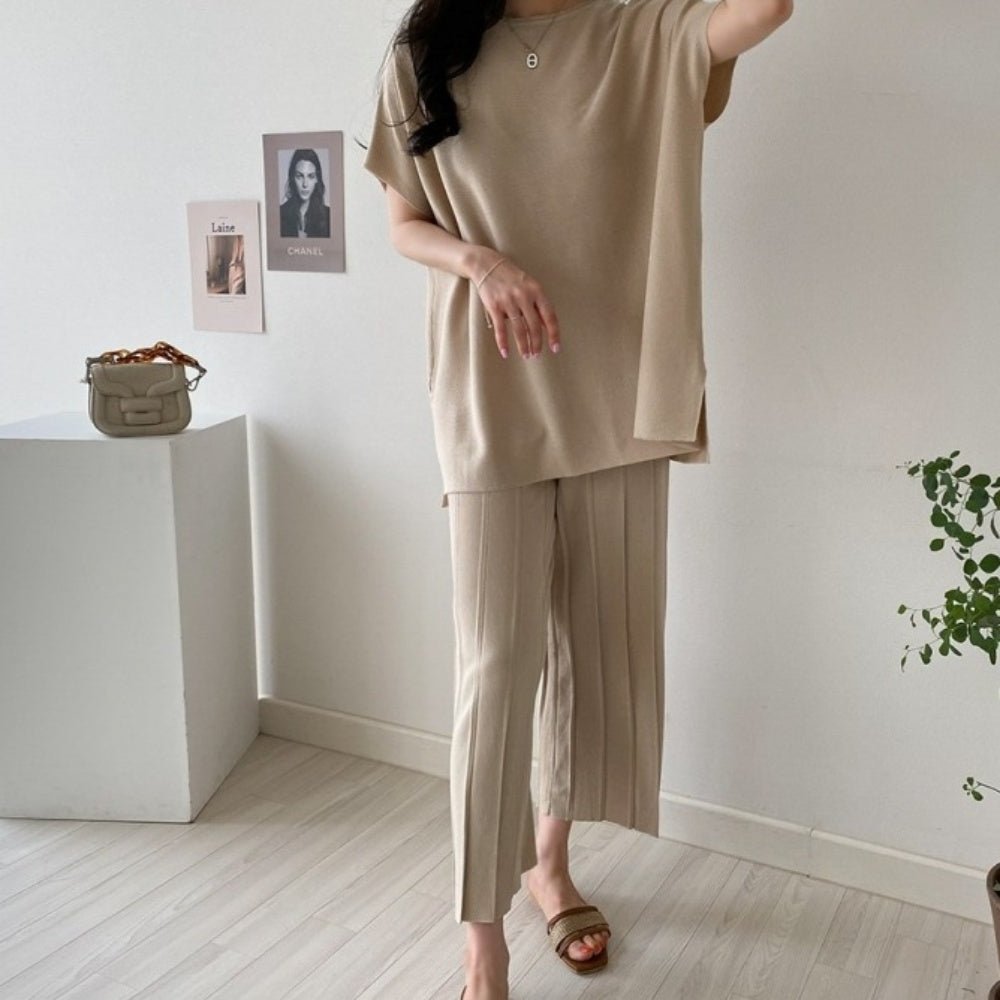 オフィスカジュアル 夏 サマーニットプリーツパンツセットアップ ミレジェネ