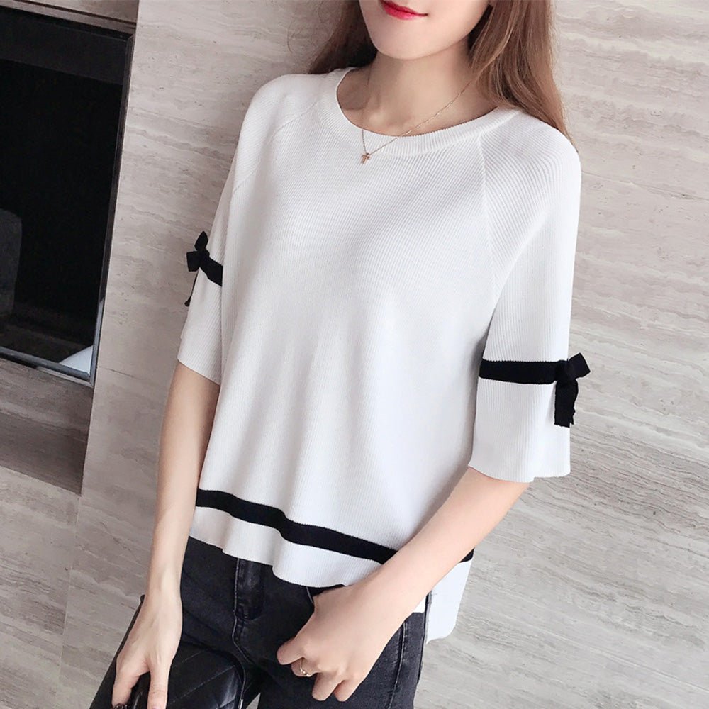 リボンスリーブ半袖ニットトップス|オフィスカジュアル レディース 通販【ミレジェネ】