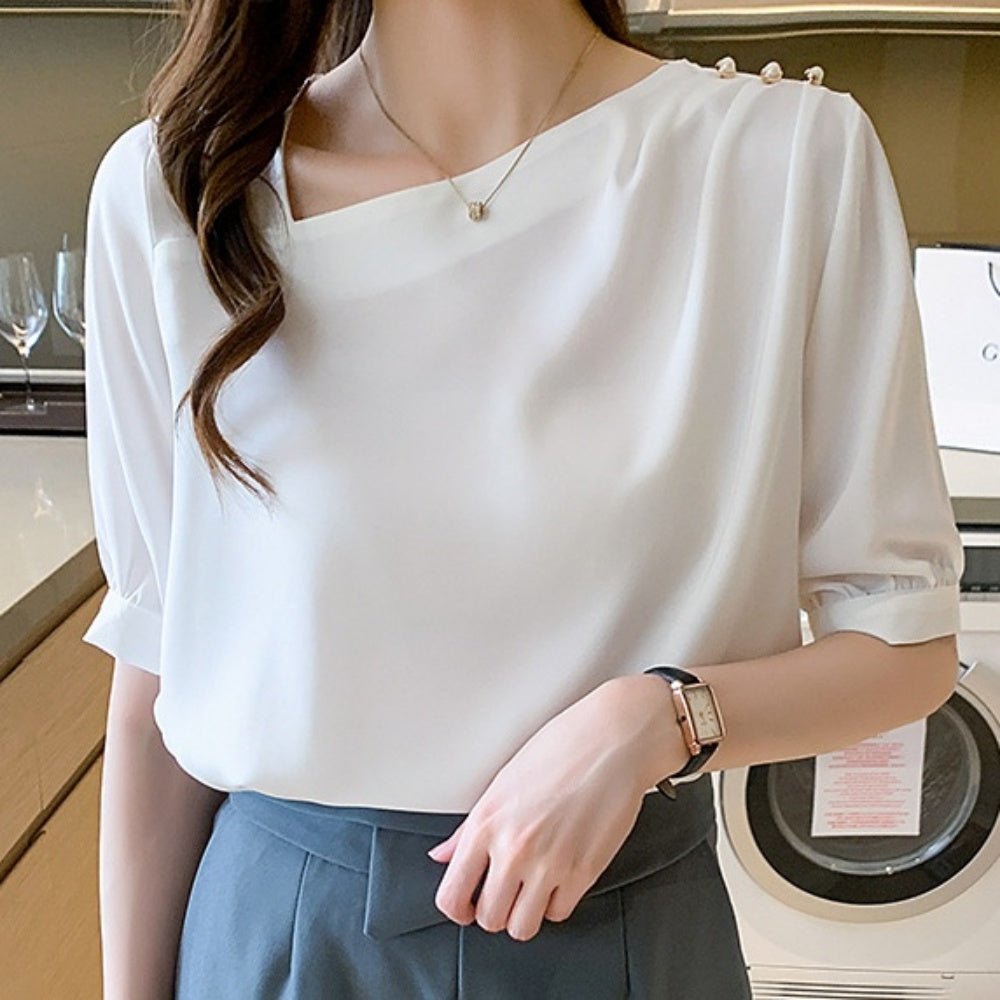 アシンメトリーサテン半袖シャツ|オフィスカジュアル レディース 通販【ミレジェネ】